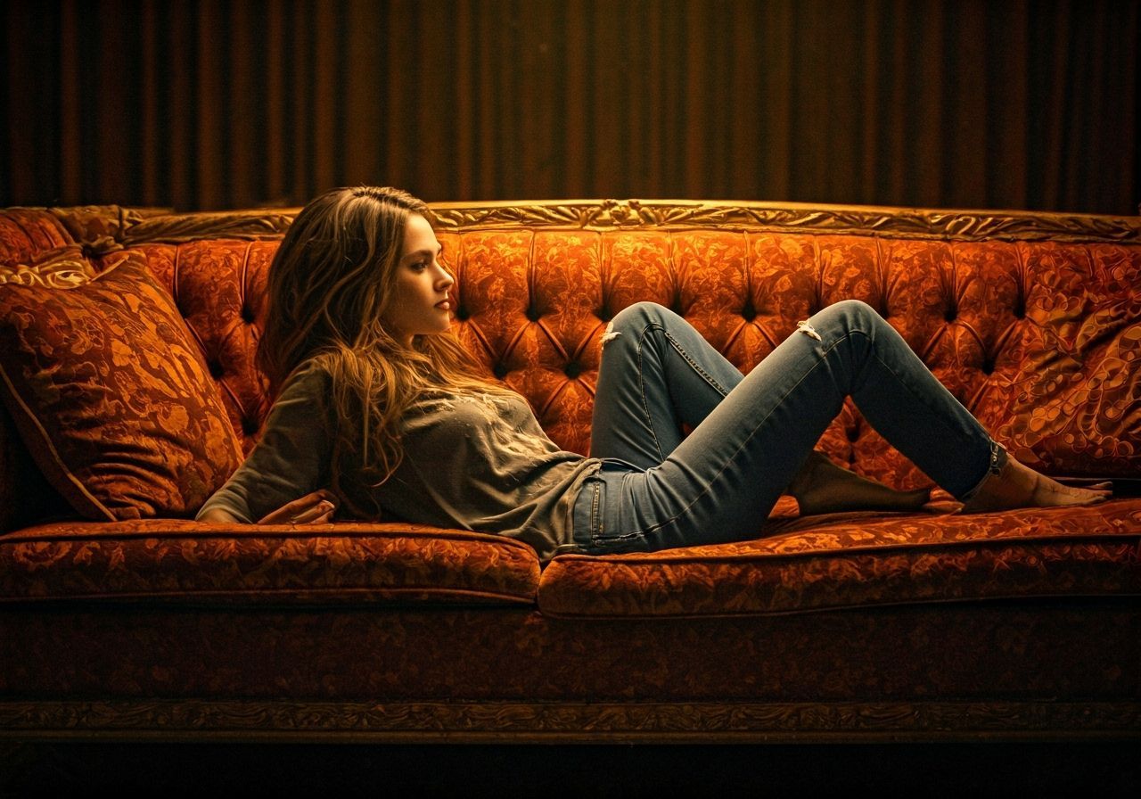 Young Woman Relaxing on Velvet Sofa in Warm Light