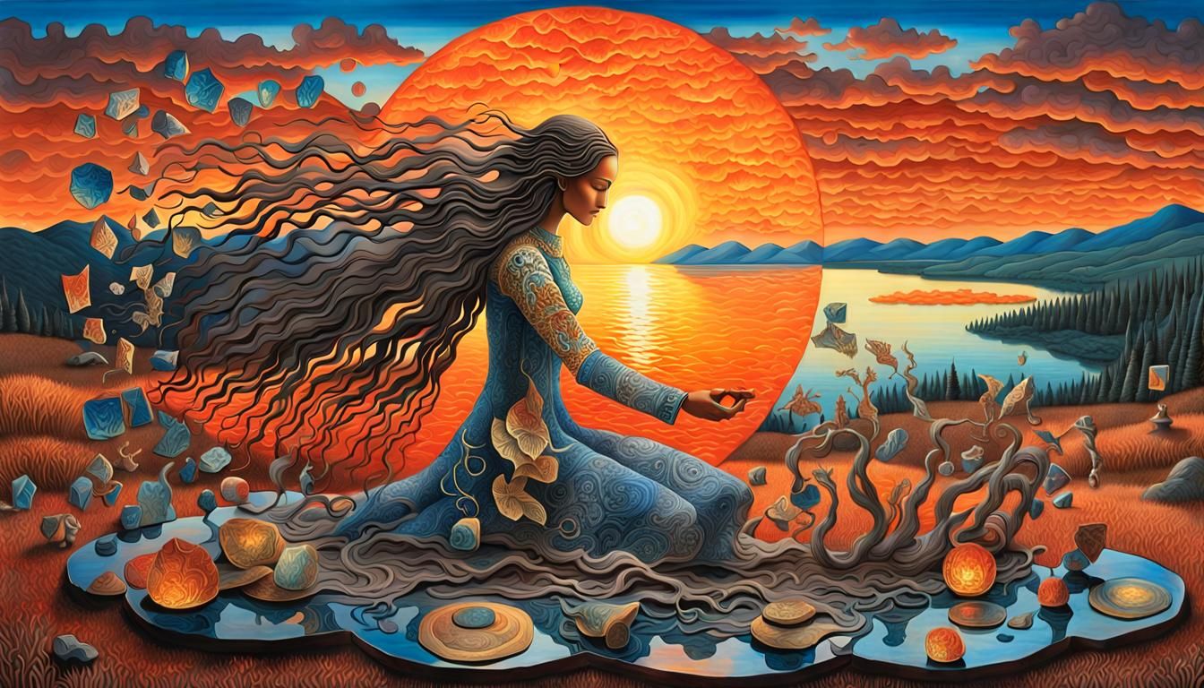 Surreal Bio Art: Woman, Sunset, and Cracked Mirrors