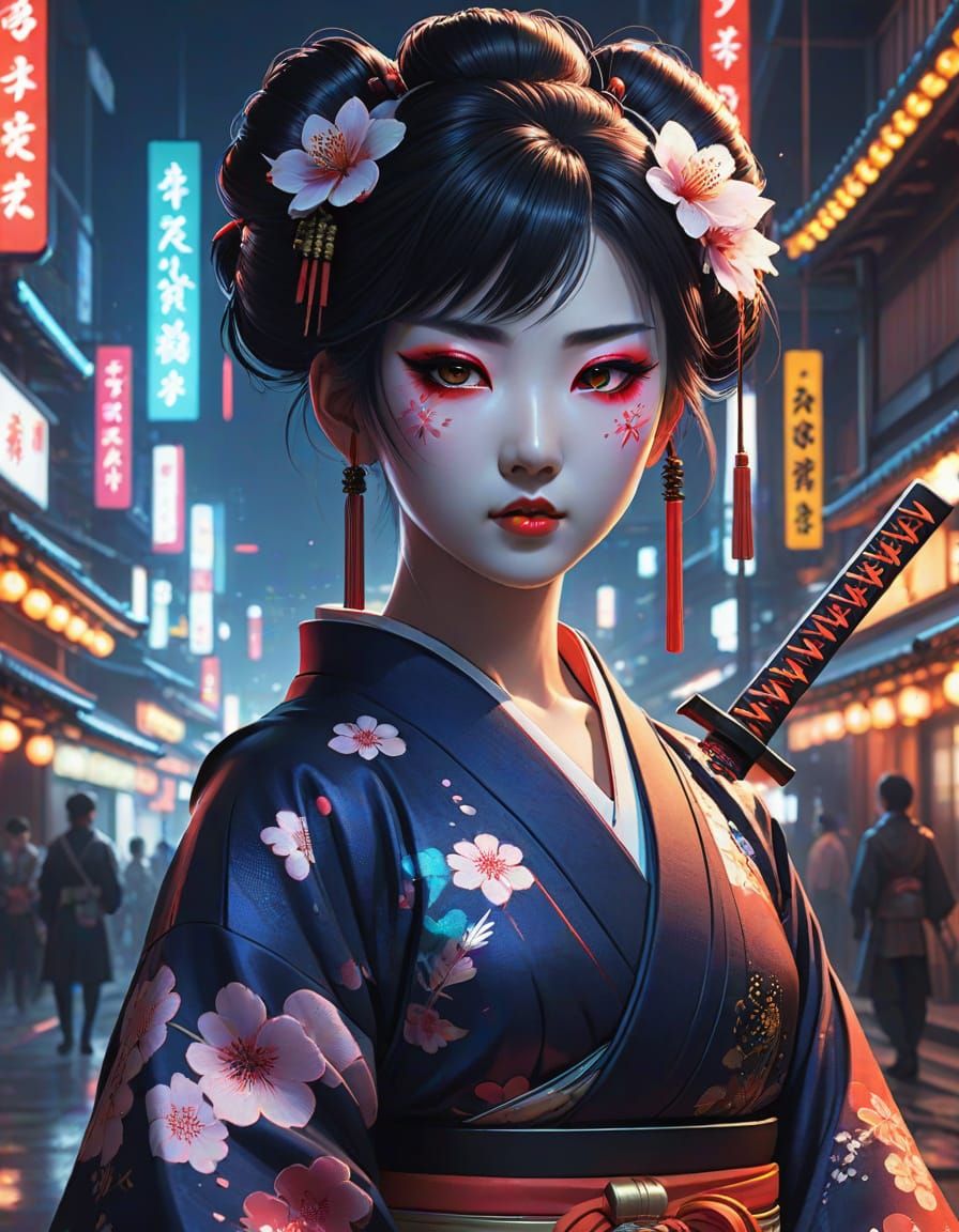 Neon Cyberpunk Geisha Reigns in Tokyo's Glowing Metropolis