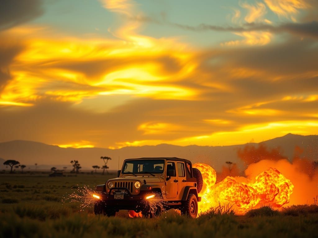 Explosive Savanna Jeep Chase at Dusk