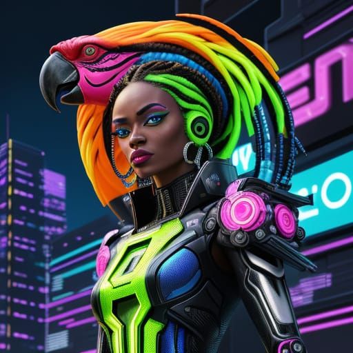 Cyberpunk Woman with Parrot in Fauvist Style