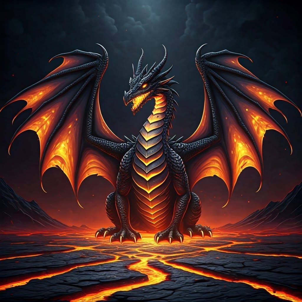 Glowing Lava Dragon in Volcanic Landscape