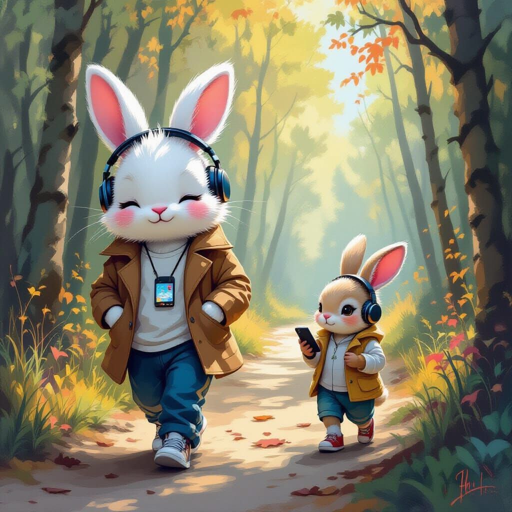 Rabbits Listening to Music in a Surreal Landscape as Oil Pai...