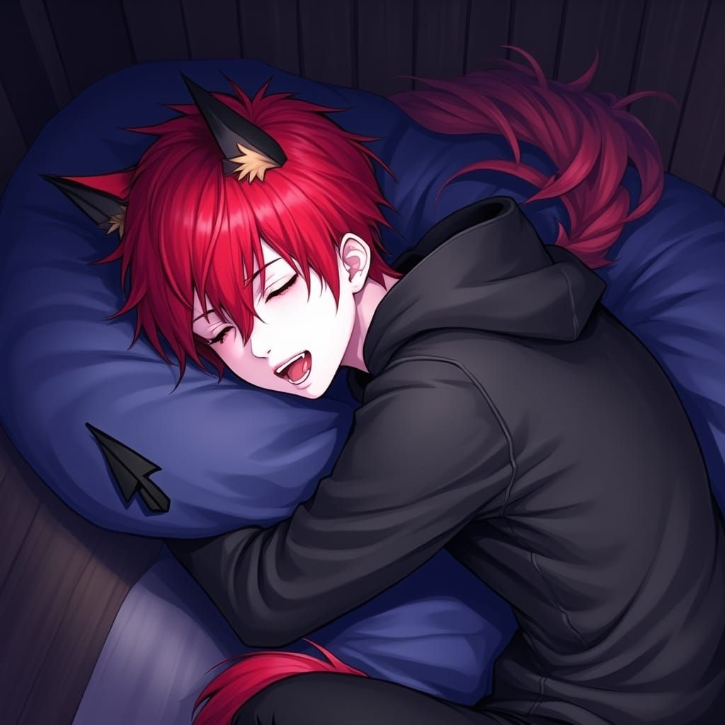 Emo Teenage Antichrist with Red Wolfcut Hair and Demon Horns