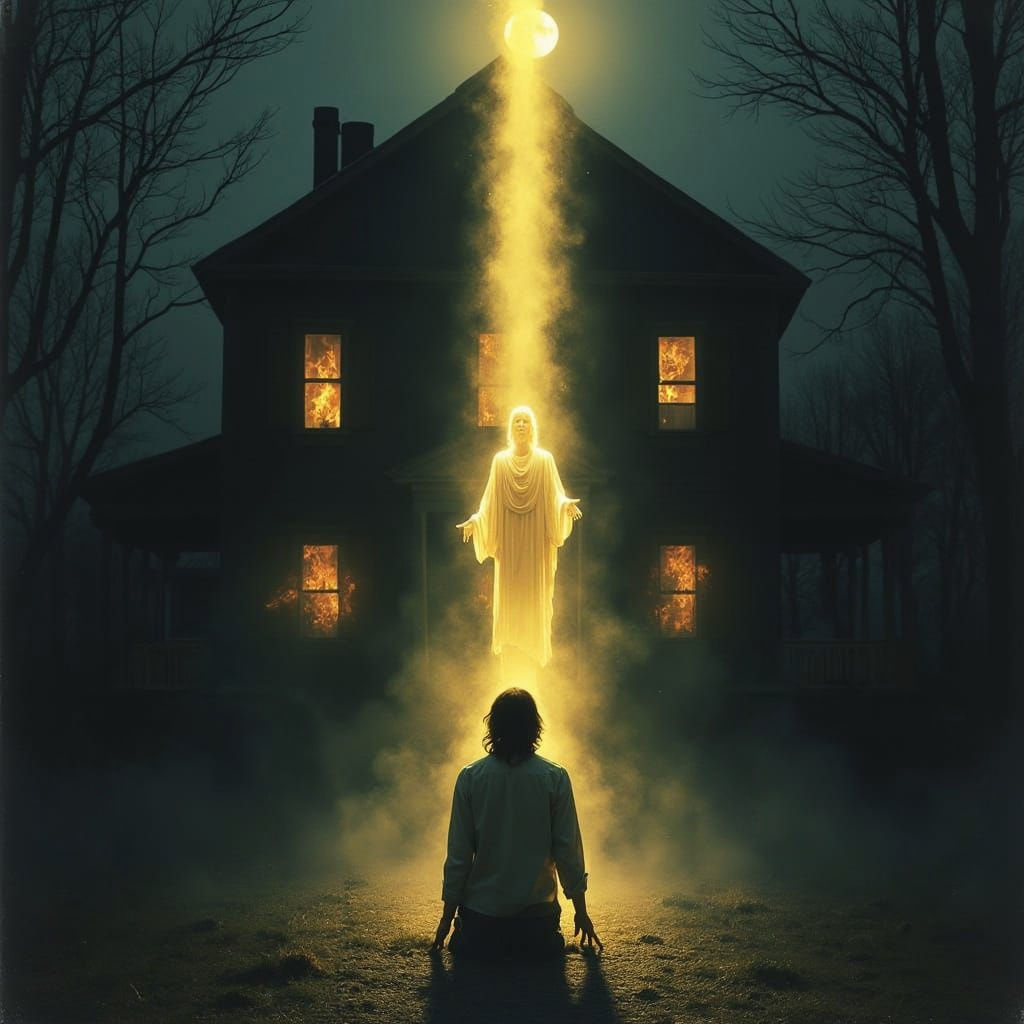 A Lonely Figure in Darkness, Illuminated by a Beam of Light