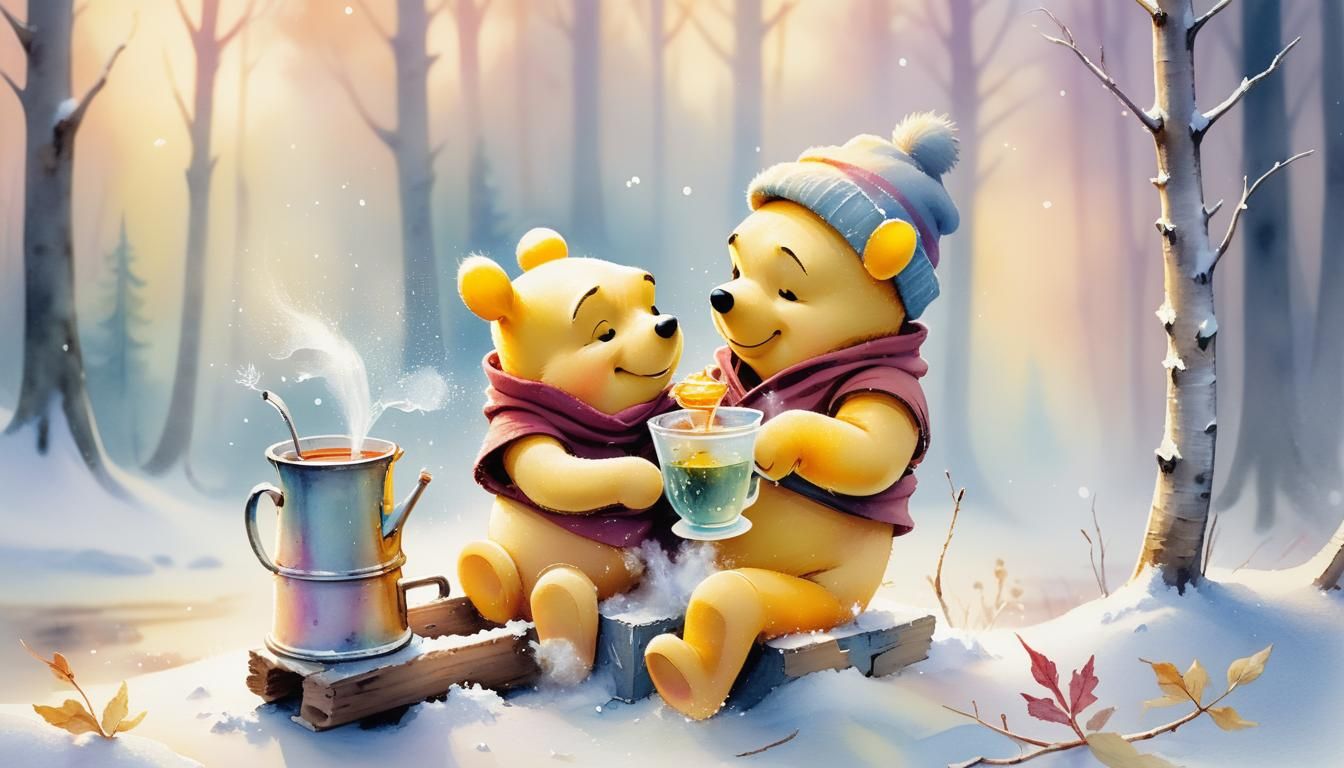 Winnie Pooh Sips Tea in Whimsical Winter Wonderland