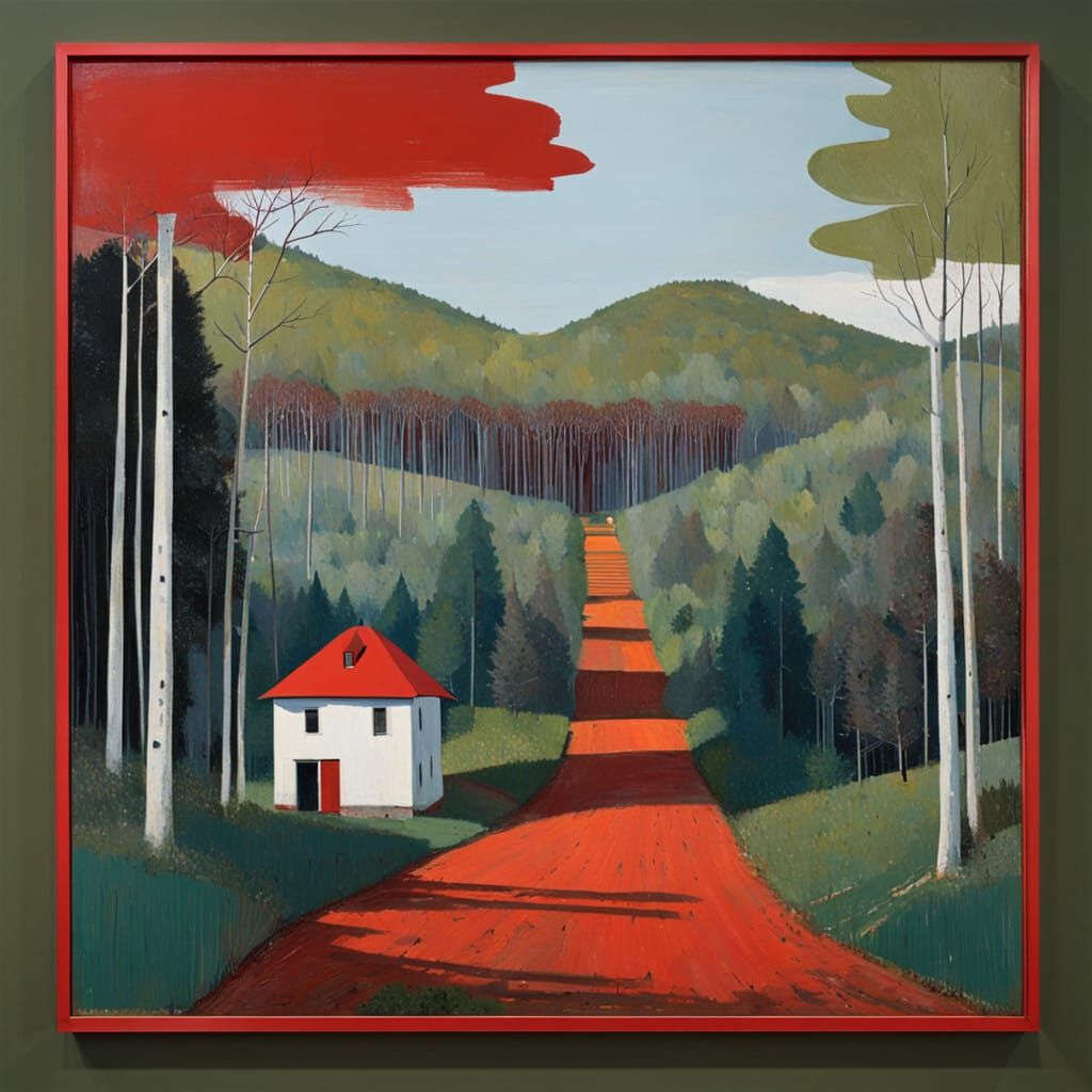 Red Frame Landscape with Hidden Cottage