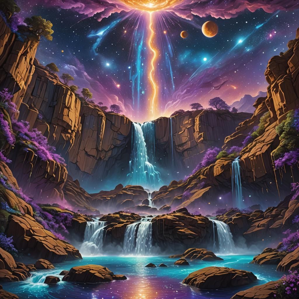 Cosmic Surrealism: Celestial Beings Above Starry Waterfall
