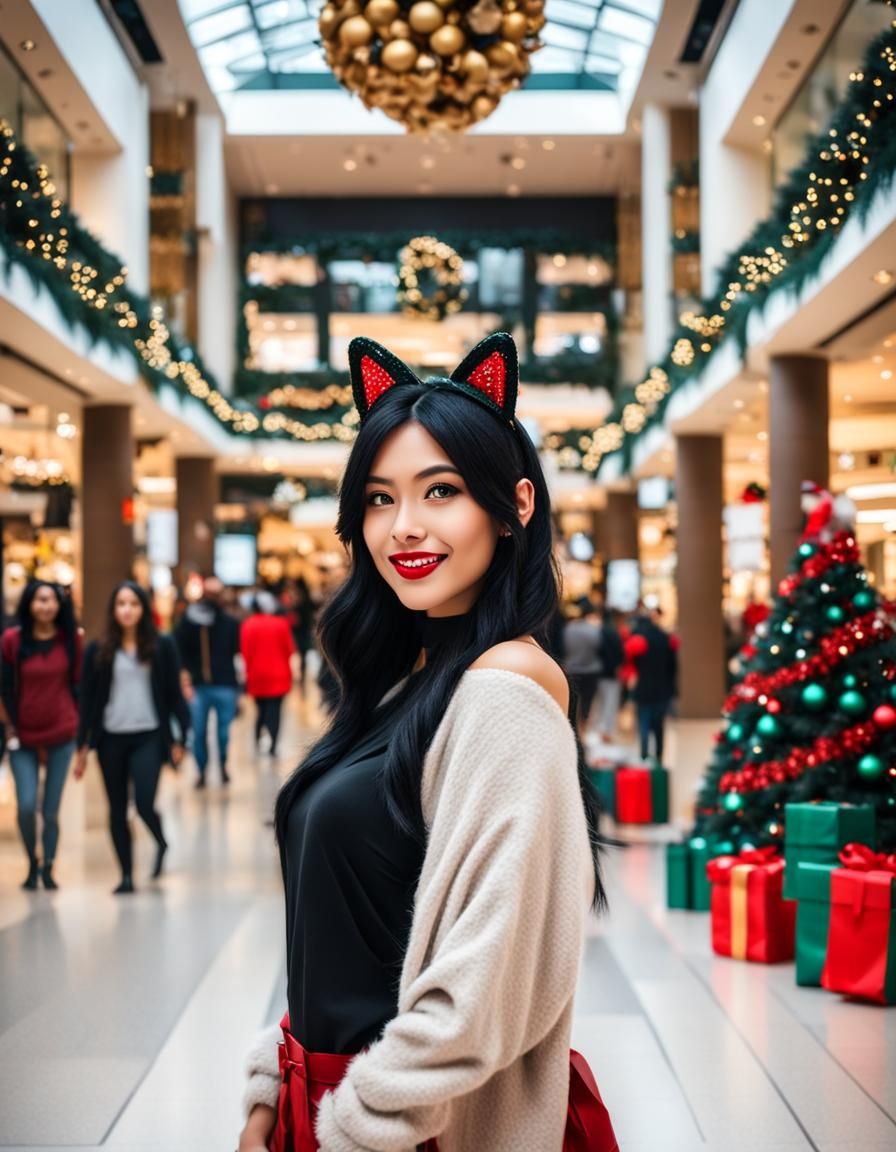 Beautiful Mexican girl with black hair and cat ears in mall ...