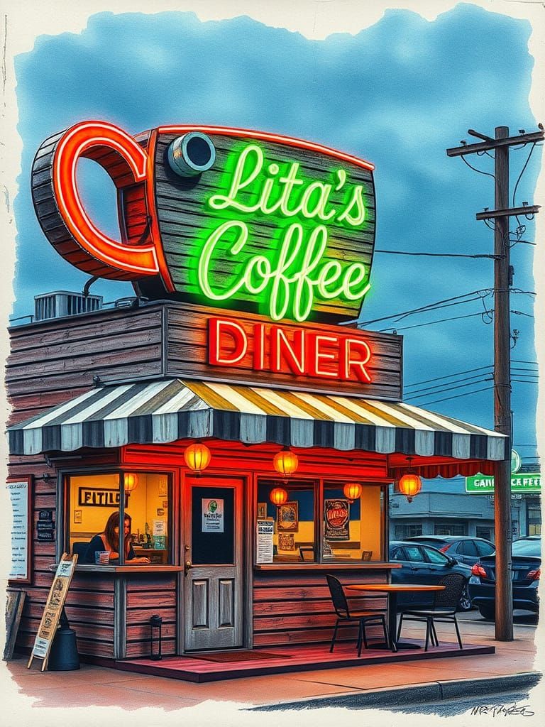 Neon-Lit Diner in Tactile Shading Style