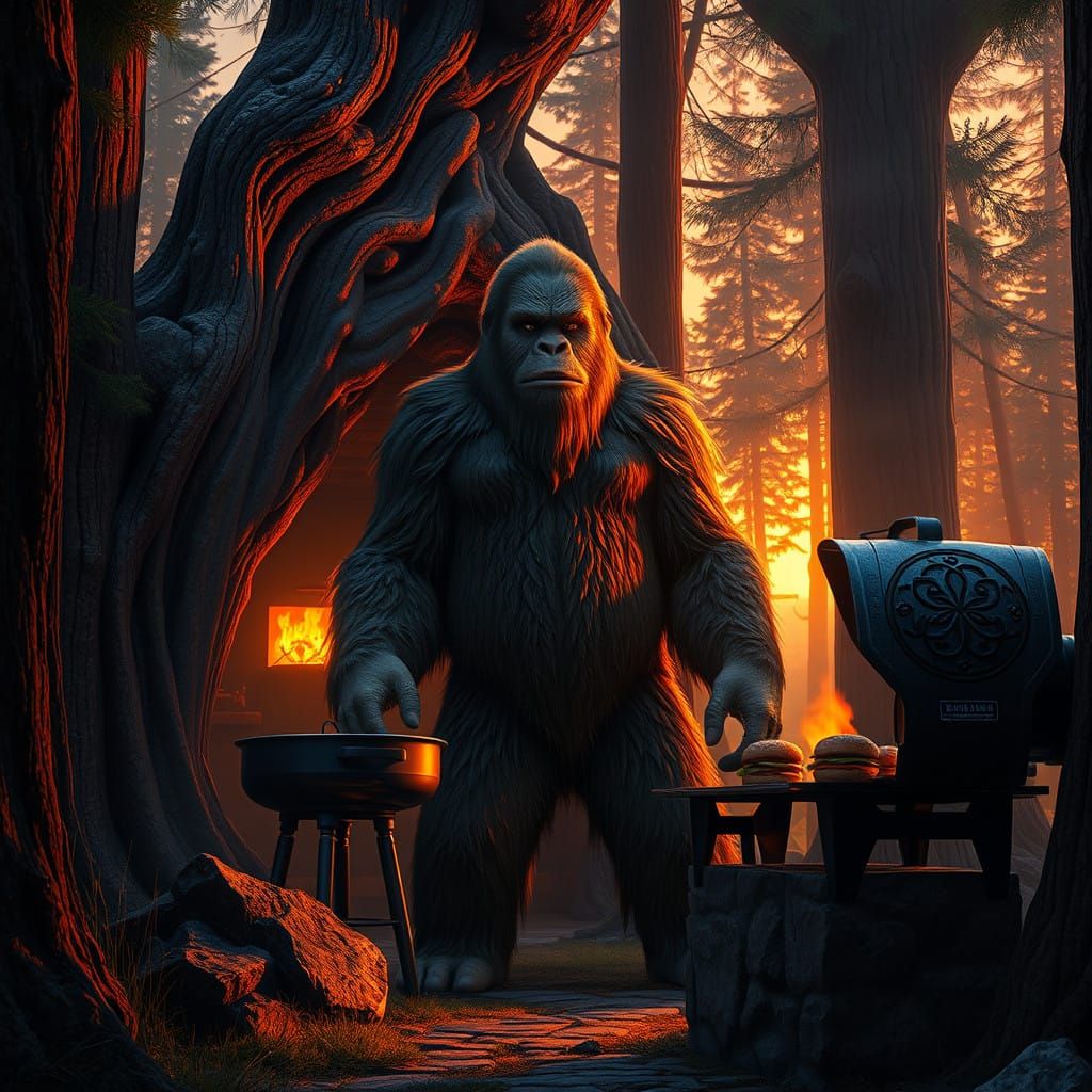Sasquatch Grills at Sunset in a Mystical Forest Glade