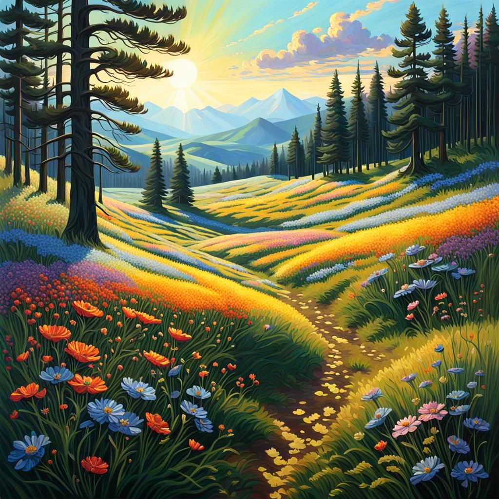 Blooming Meadow Landscape in Detailed Style