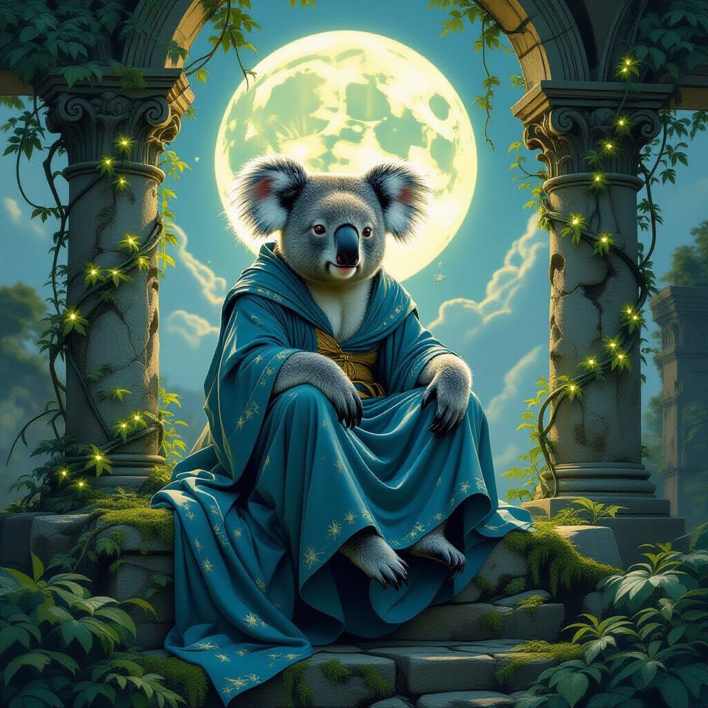 Wise Koala in Moonlight Robes on Ancient Temple Ruins