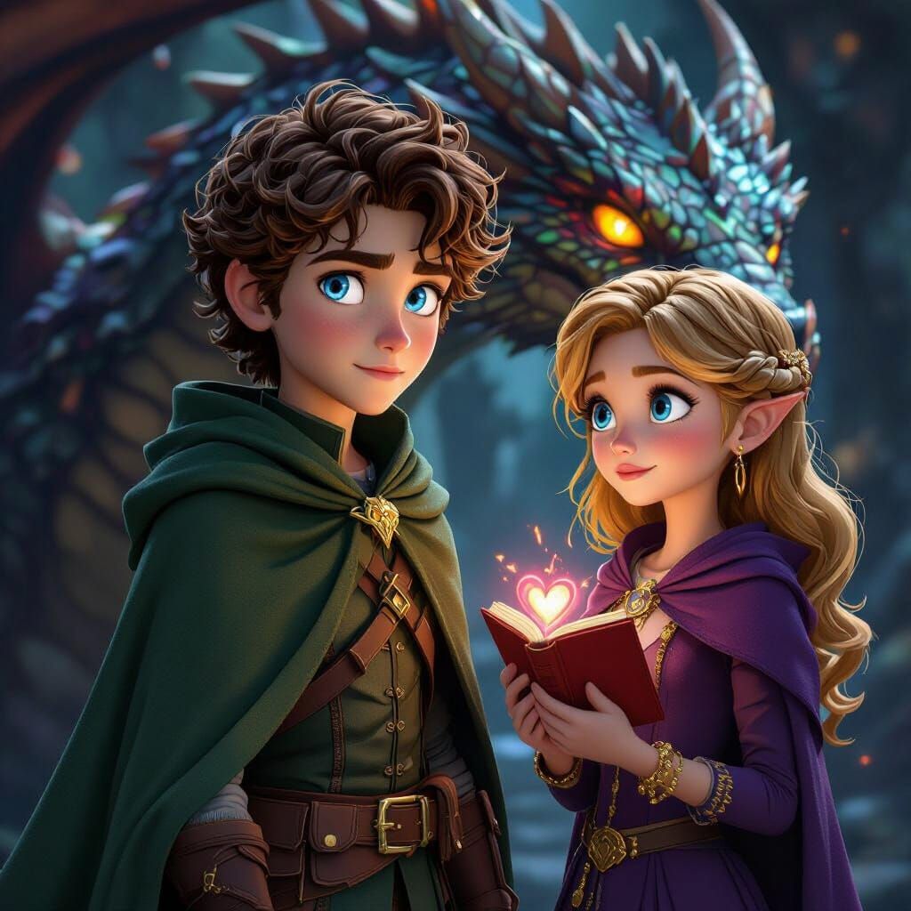 Boy and Dragon Travel with Girl and Glowing Heart