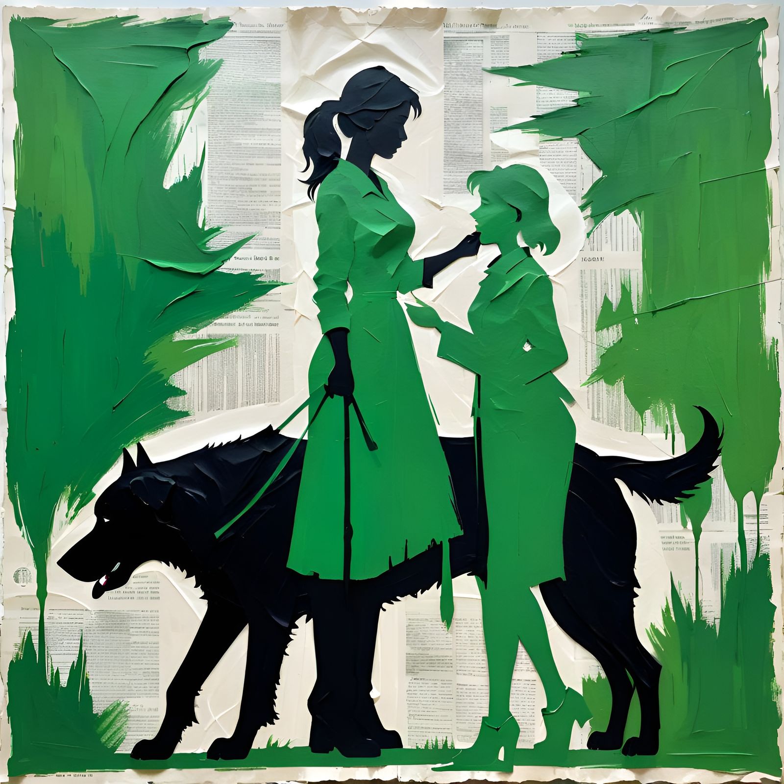 Green Silhouette: Oil Painting on Newsprint