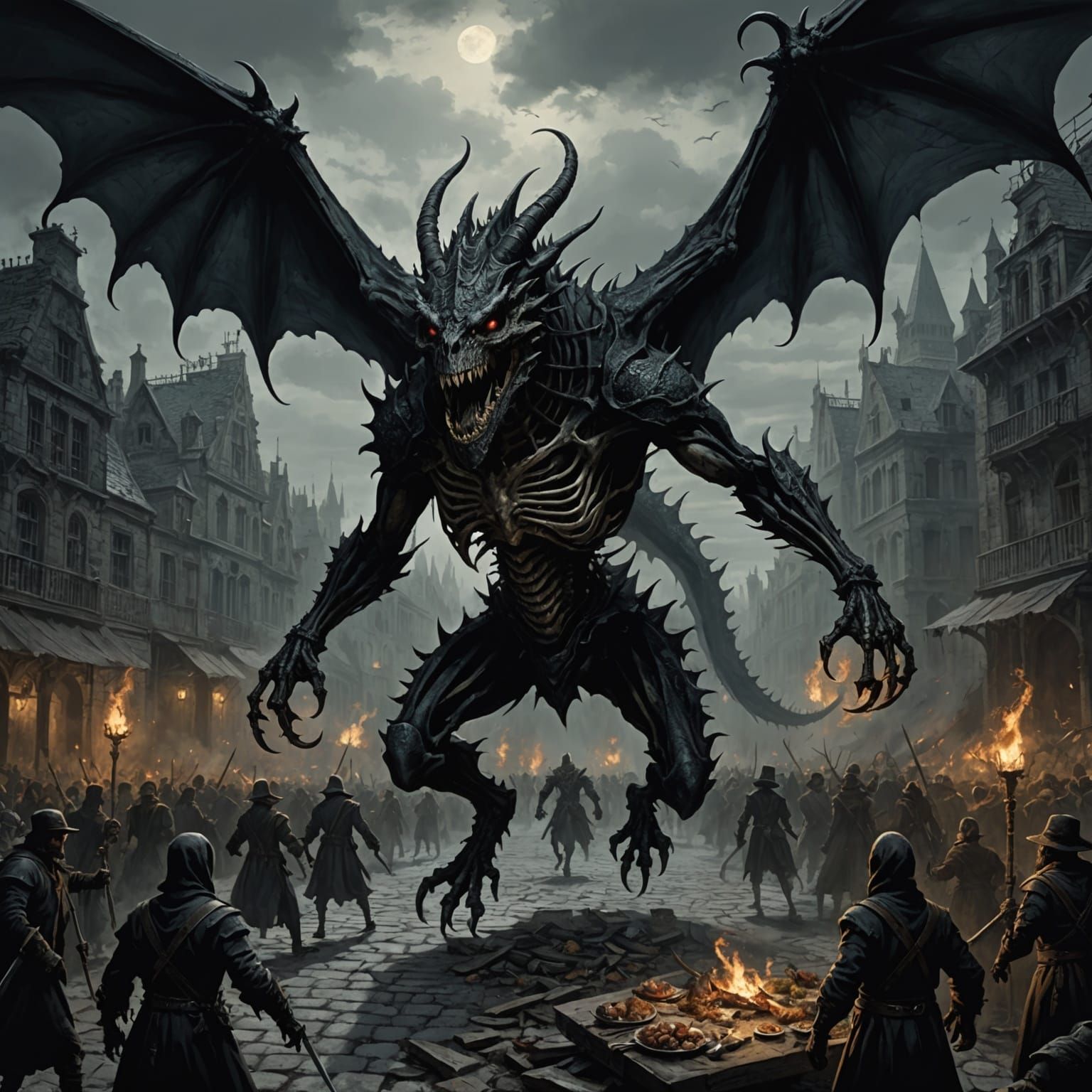 Menacing Dragon Skeleton in Doré Style