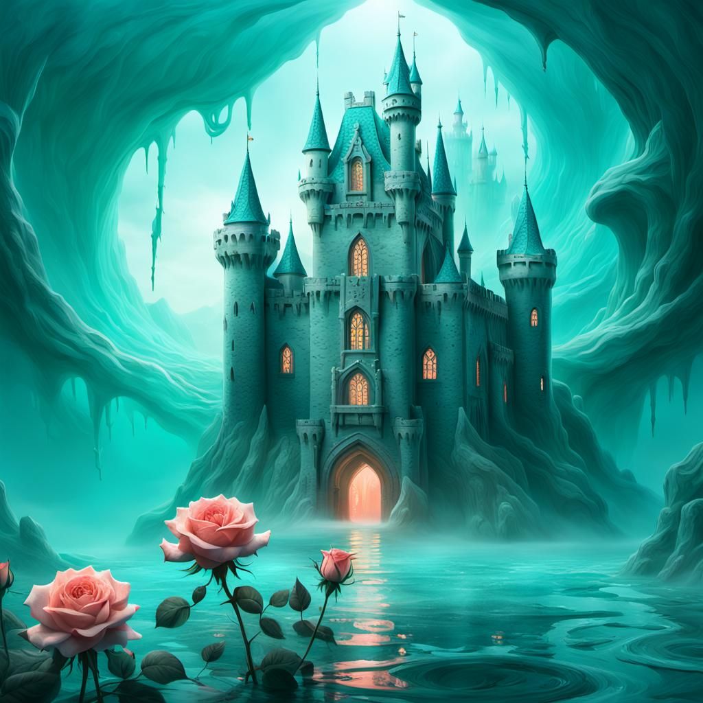 Teal Rose Castle with Sea Monster: Fantasy Art