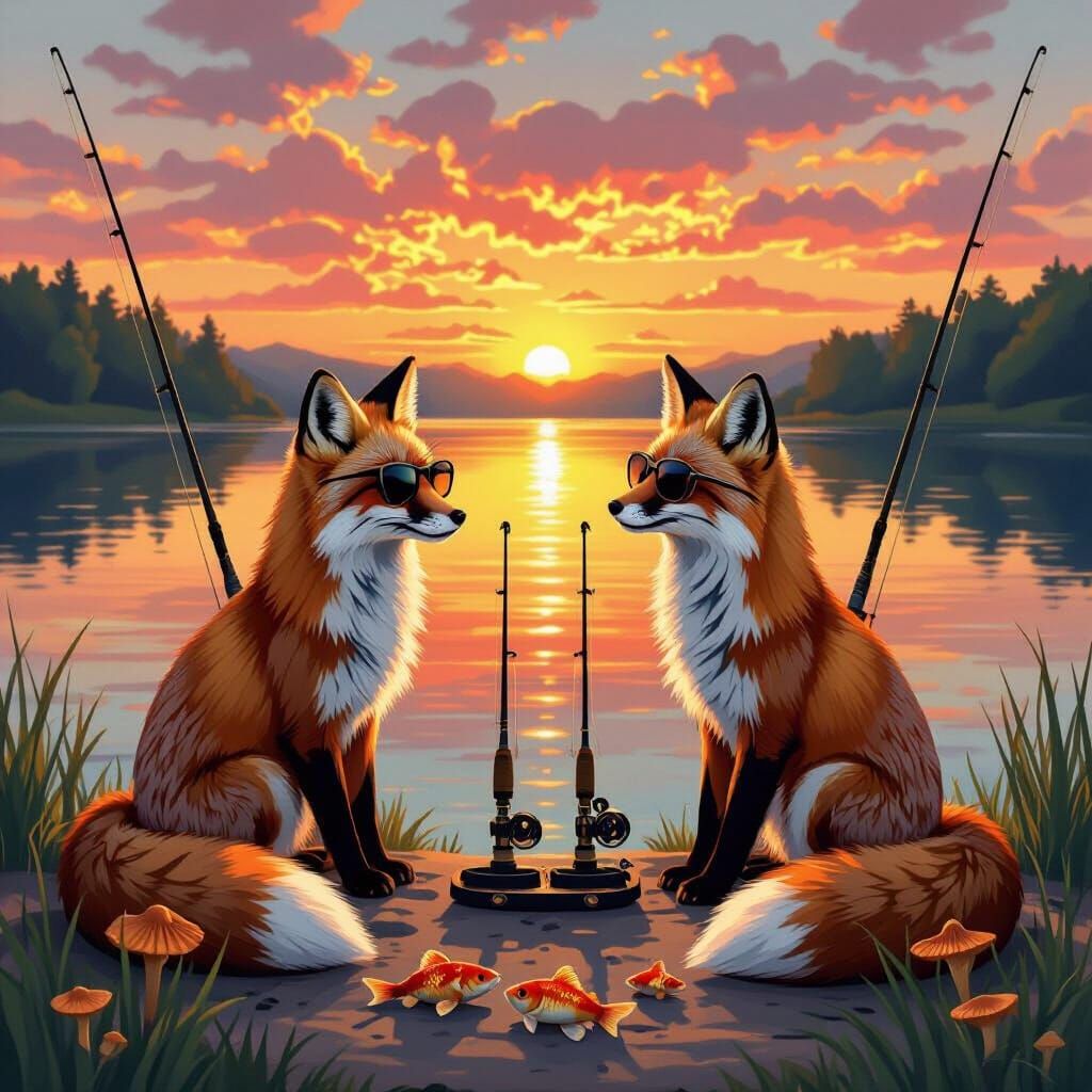 Two Foxes Fishing at Sunset, Classical Painting Style