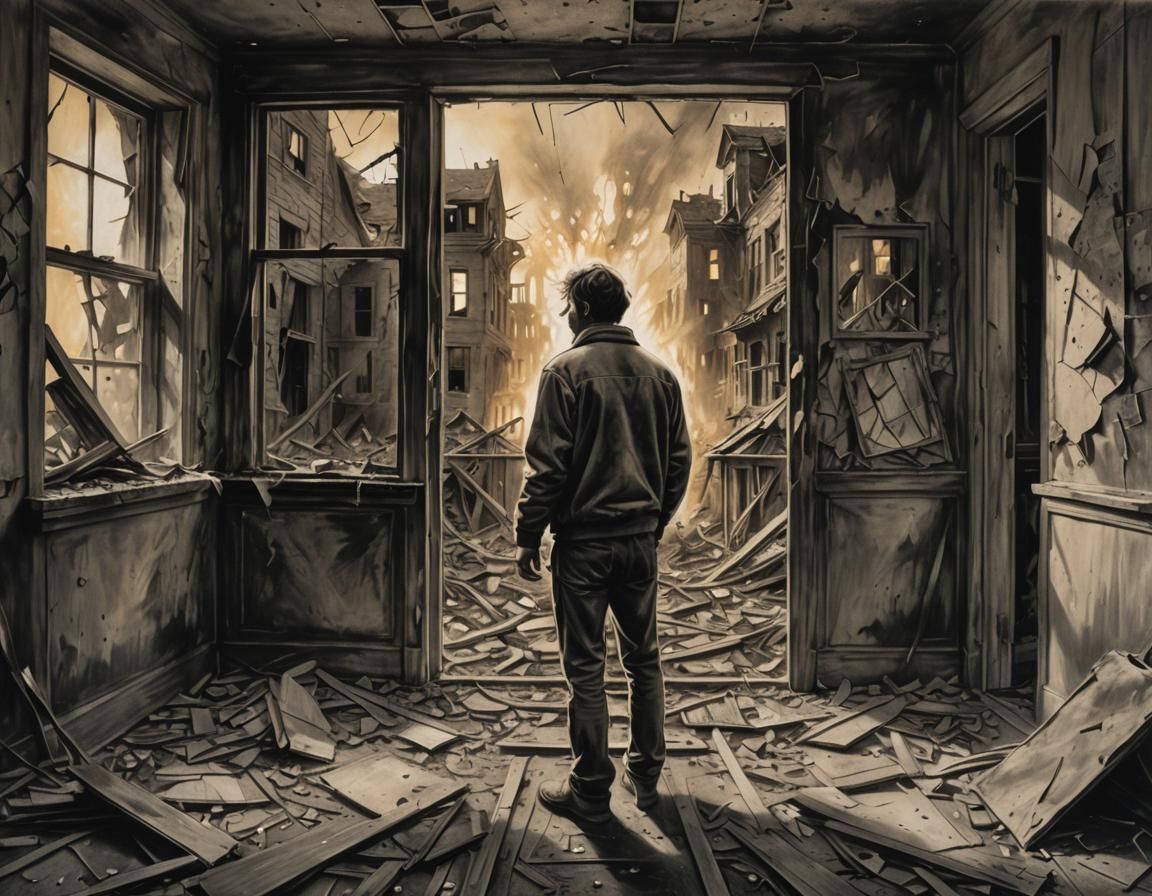 Charcoal Drawing: Person Amidst Shattered World