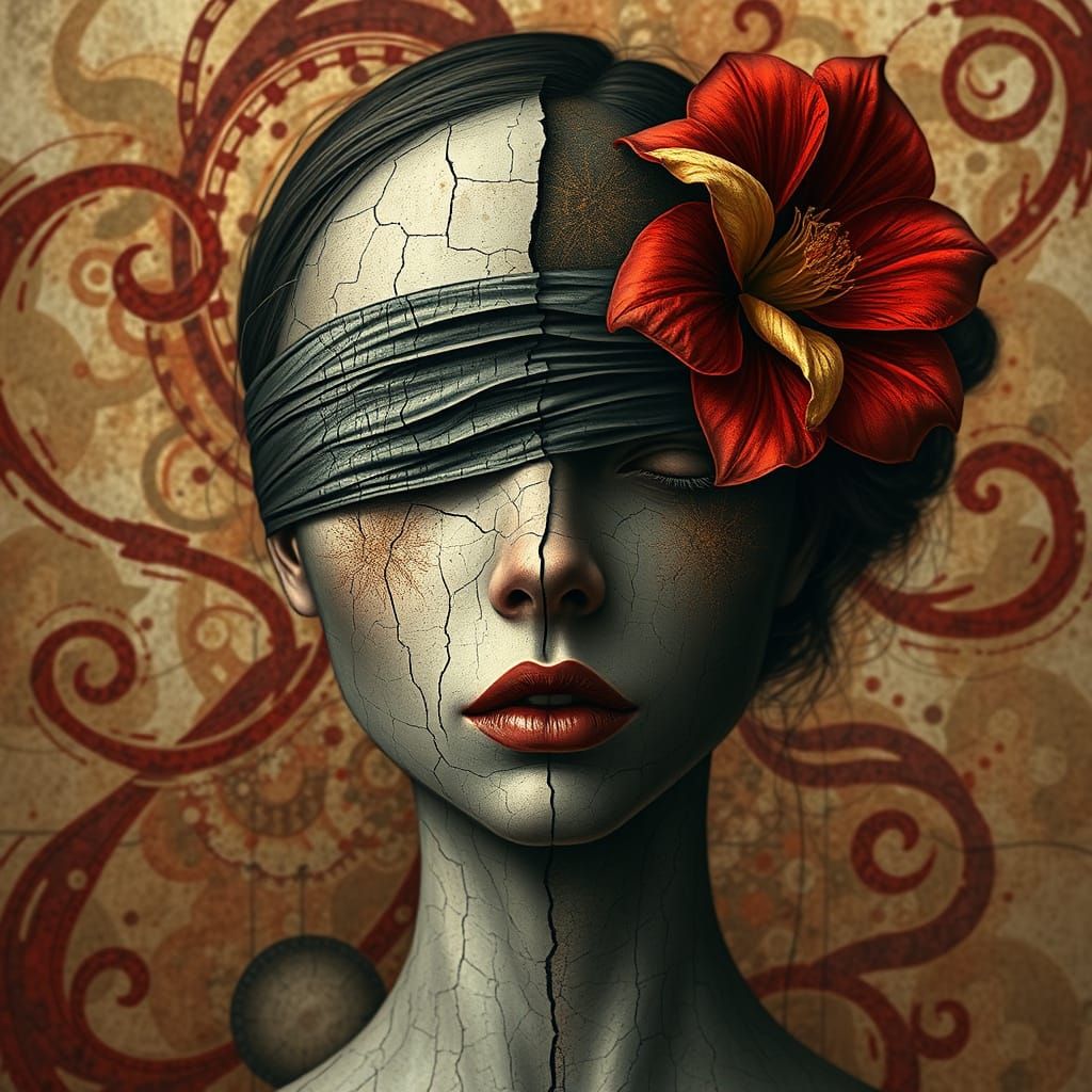 Cracked Portrait with Red Flower, a Digital Illustration