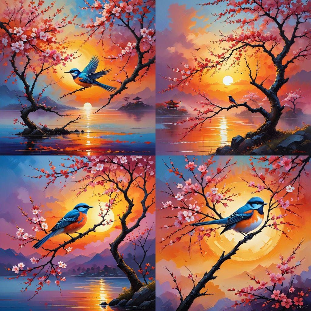 Vibrant Blossom Tree in Traditional Japanese Style