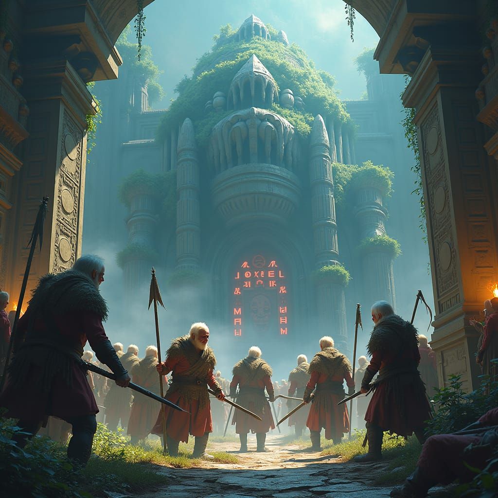 Elderly Warriors Clash in Mystical Realm as Matte Painting