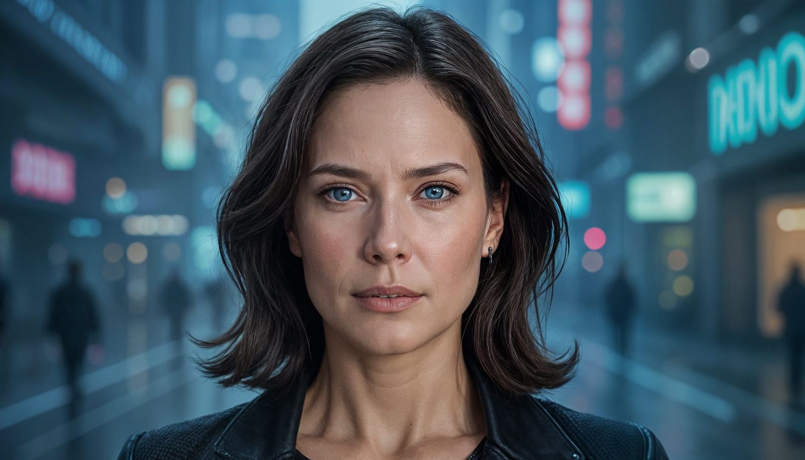 Woman in AI-Generated Cyberpunk Matrix World