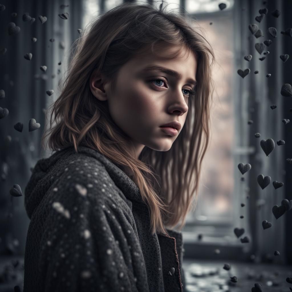 Hyperrealistic Sad Girl with Broken Hearts