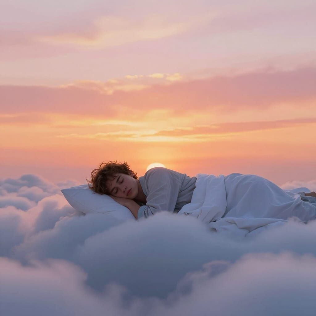 Man Wakes on Cloud in Ethereal Dawn Sky