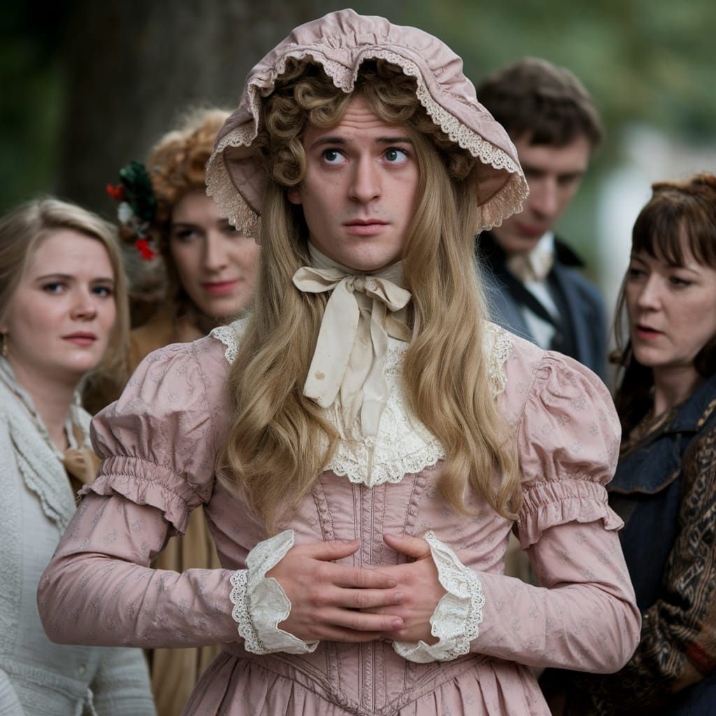 Worried Young Man in Edwardian Dress and Bonnet