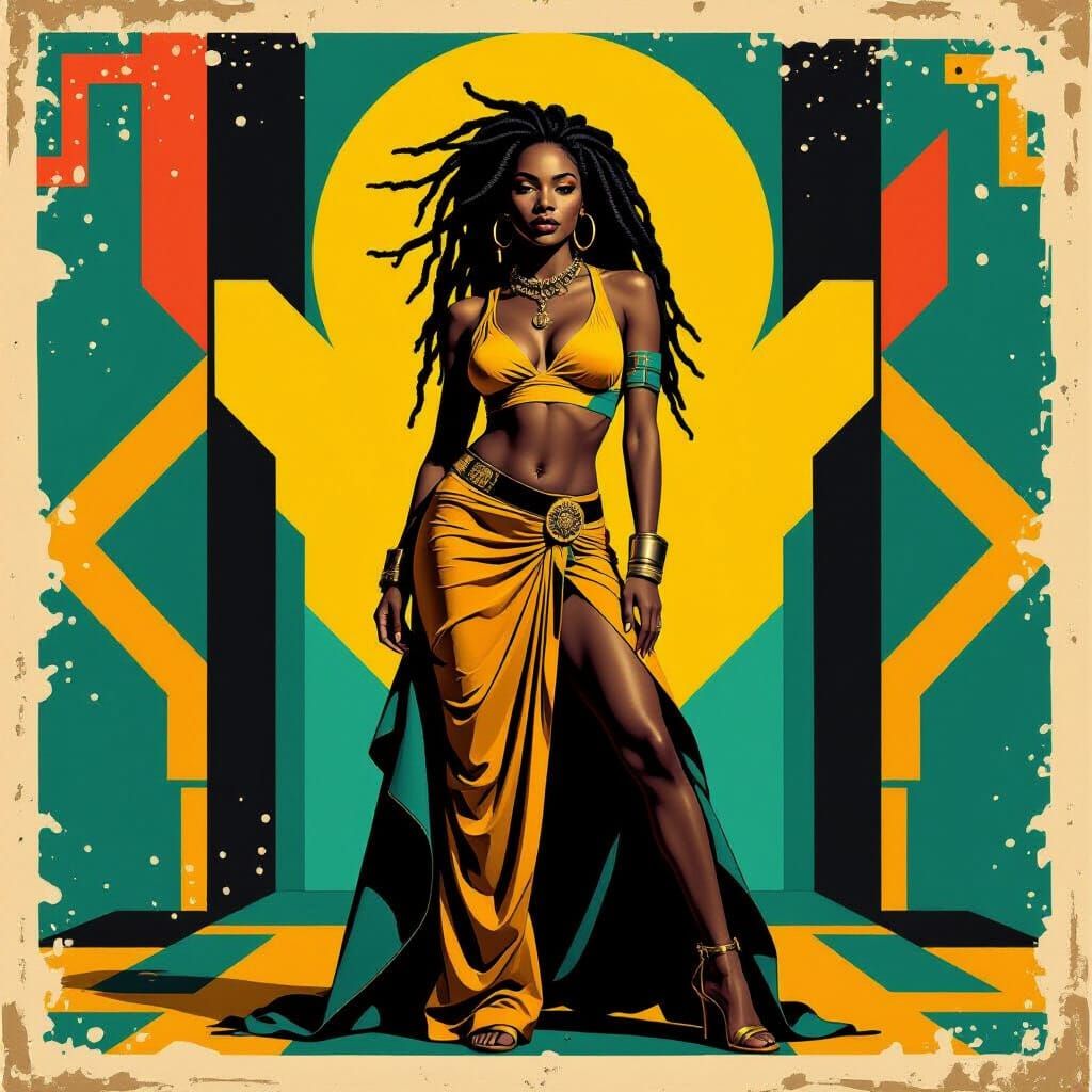 Art Deco Rasta Woman with Poppy, Grunge Street Art Style