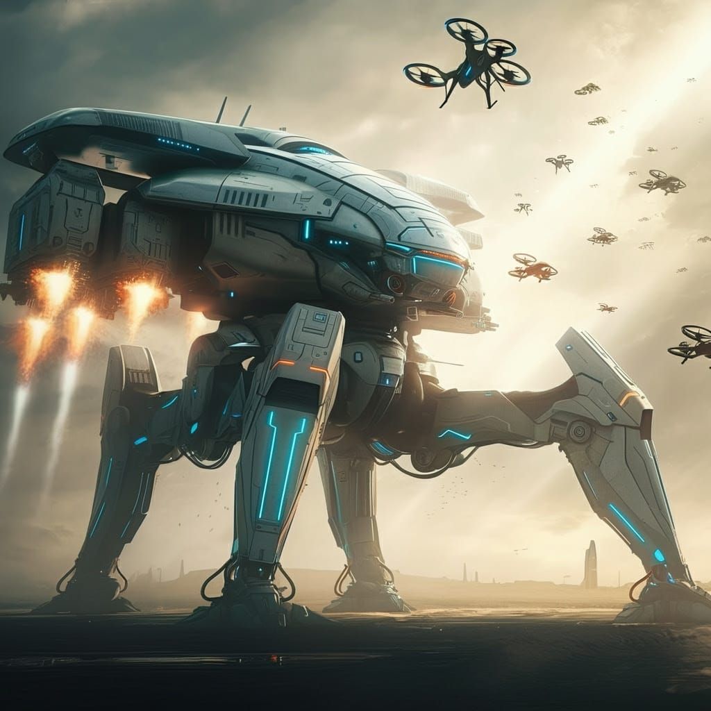 Majestic Titan Mech in Futuristic Battle Scenery