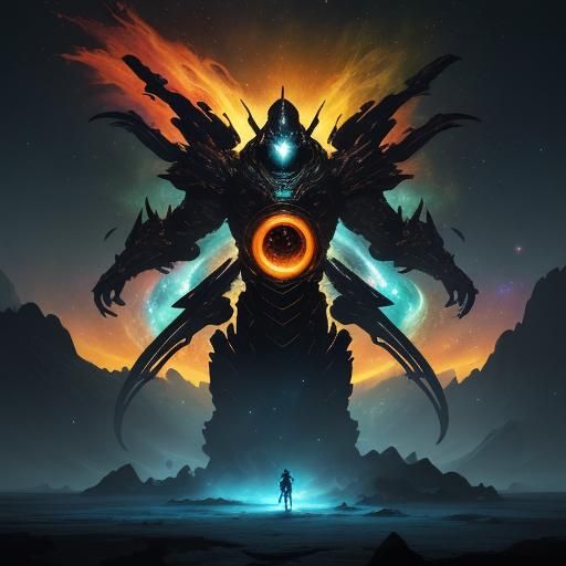 Cosmic Being Dominates Collapsing Galaxy in Digital Art