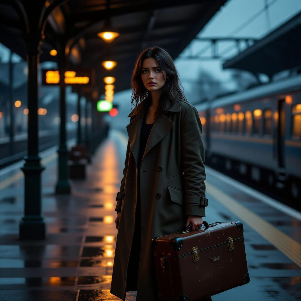 Woman at Train Station in Cinematic Realism