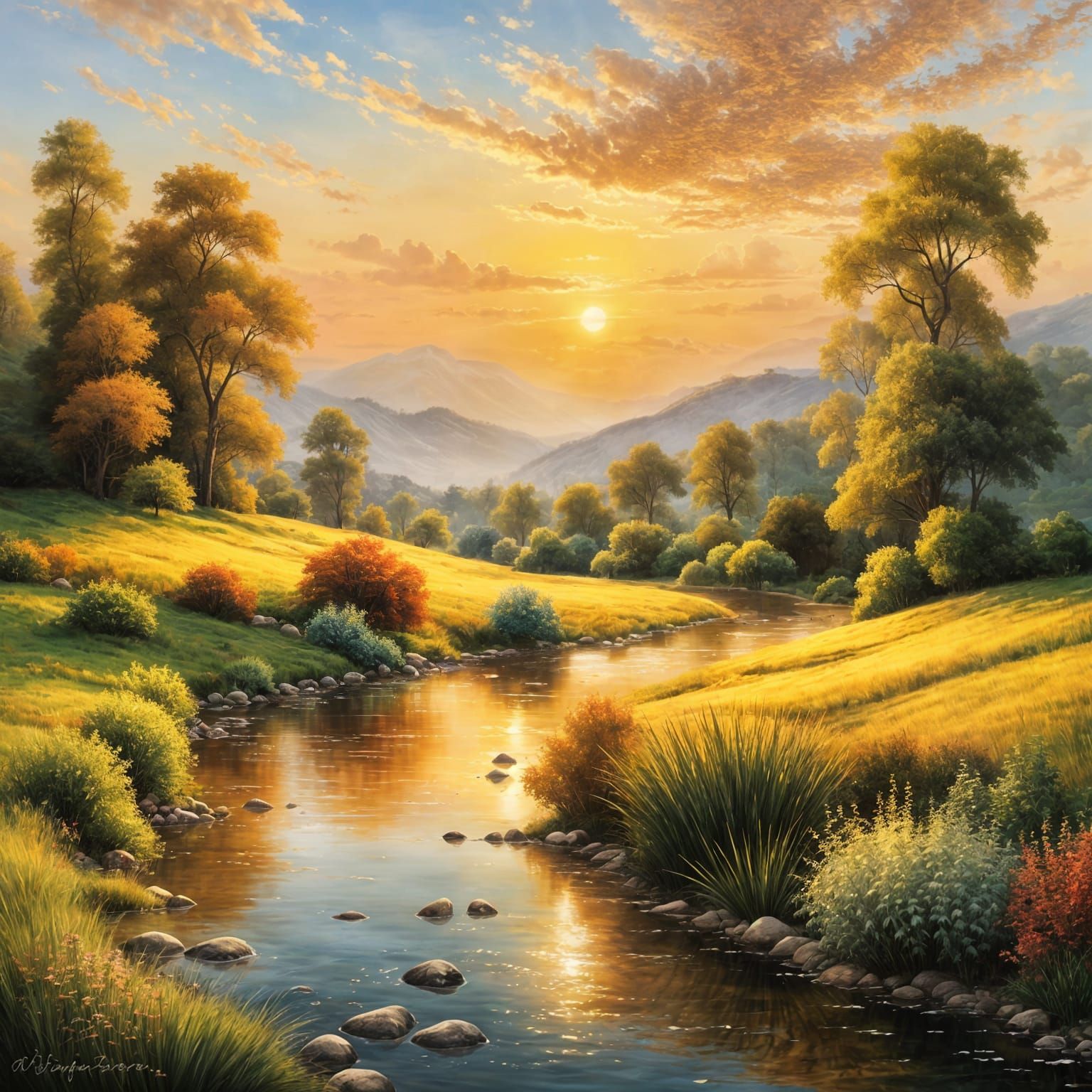Golden Hour Tranquil Landscape Masterpiece