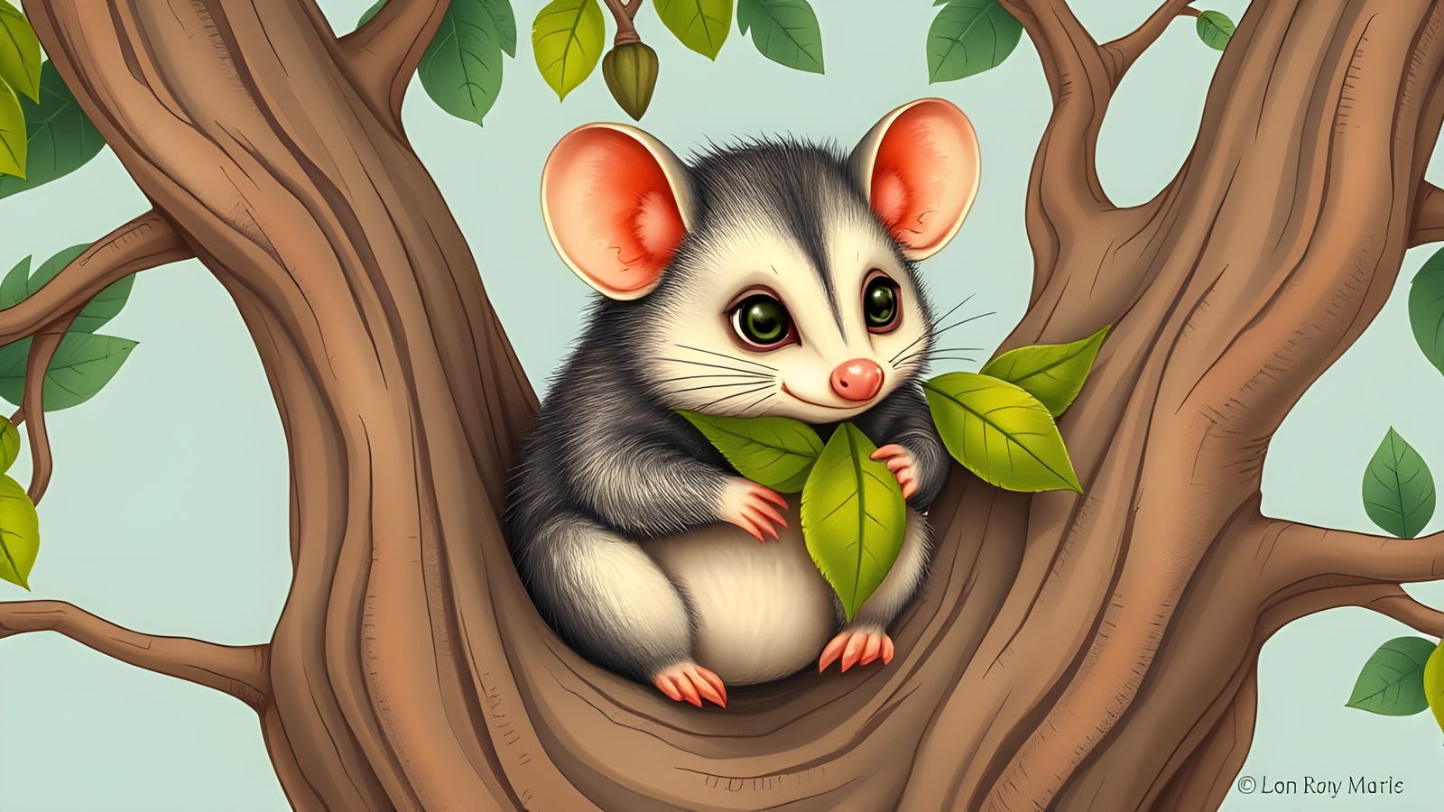 Cartoon Brushtail Possum in Gum Tree