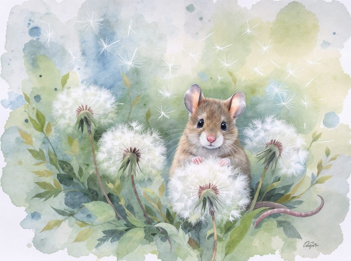 Mouse Peeking Through Dandelions in Watercolour