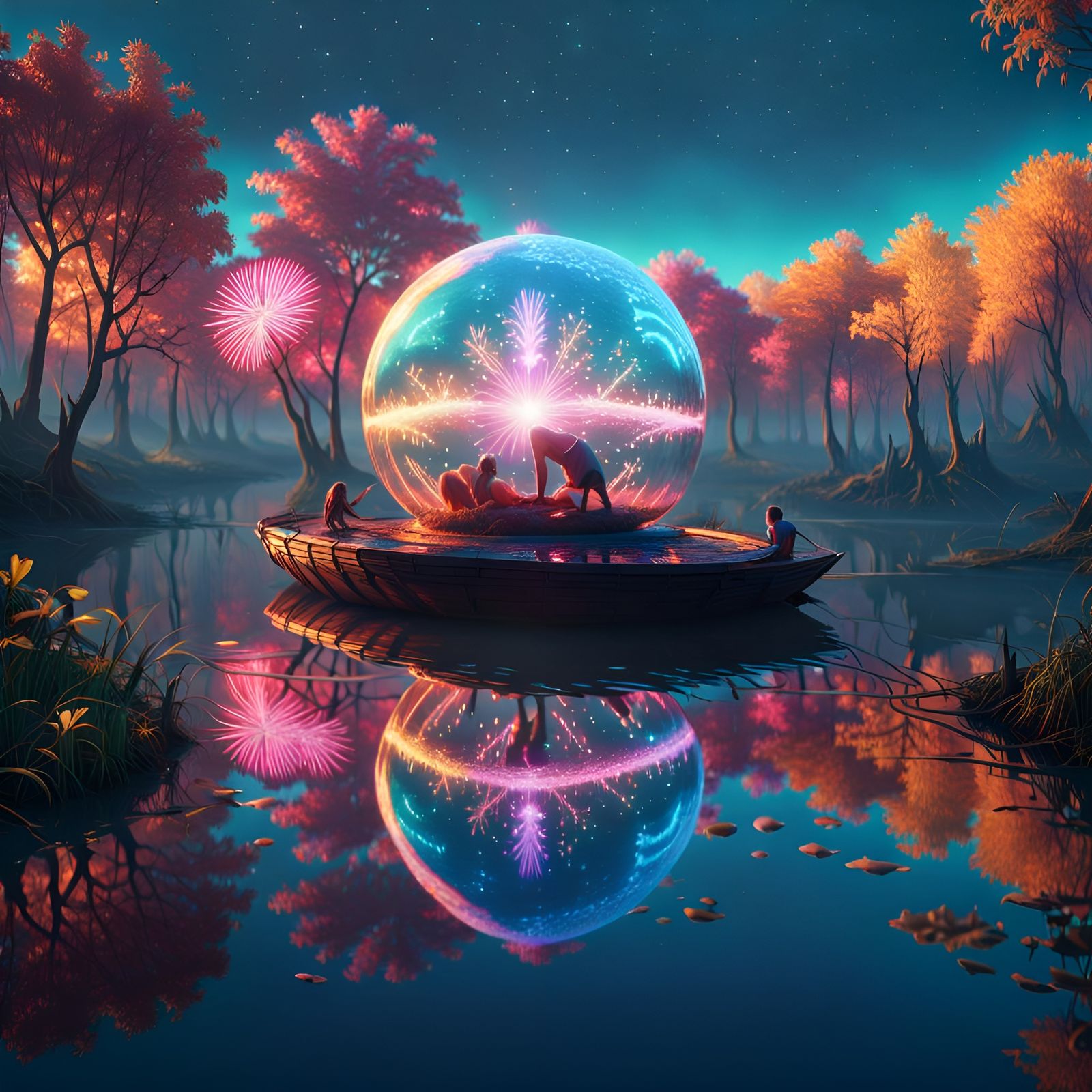 Iridescent Psychedelic Beast Levitating Above Lake: Digital ...