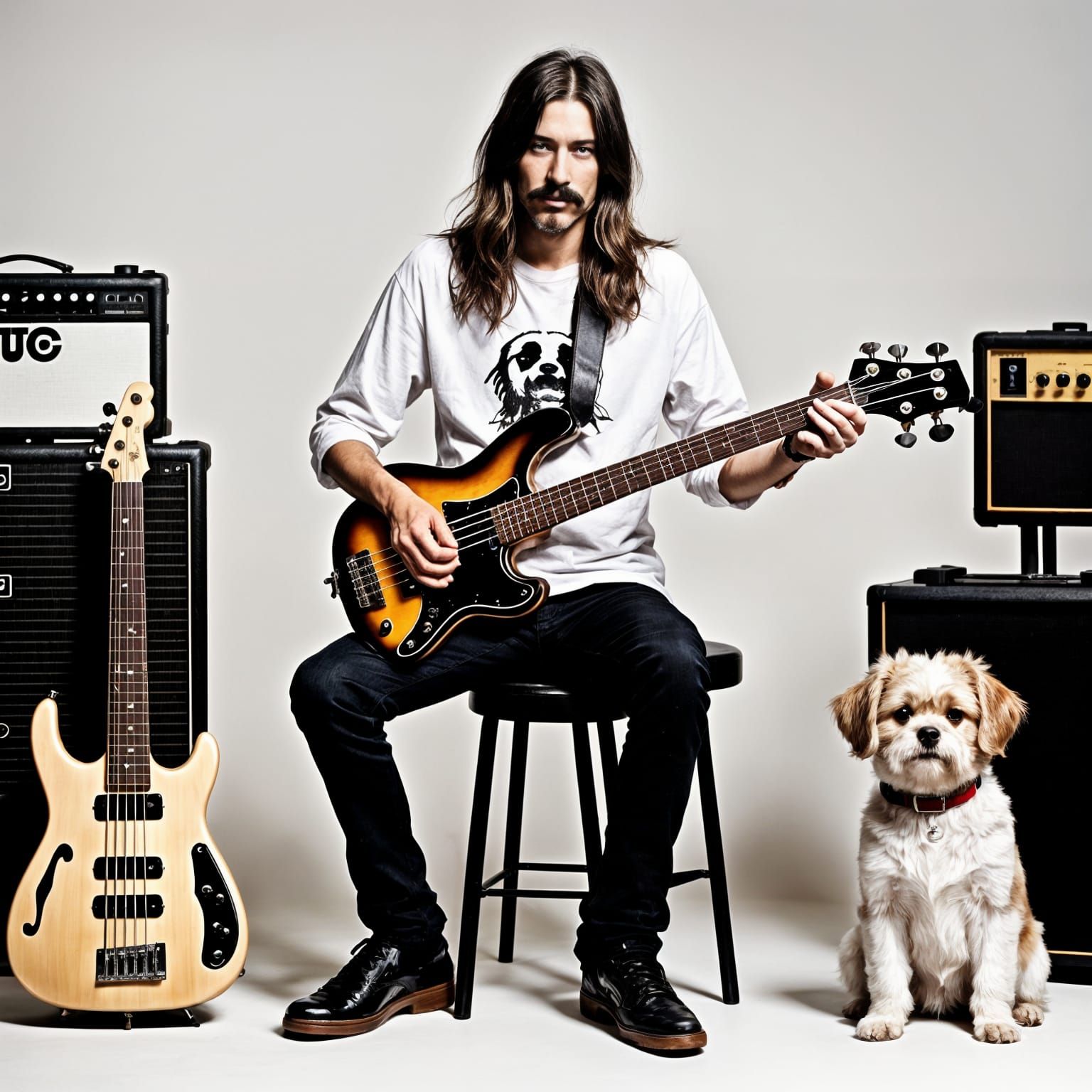 Bass Guitarist with Dog and Amplifiers