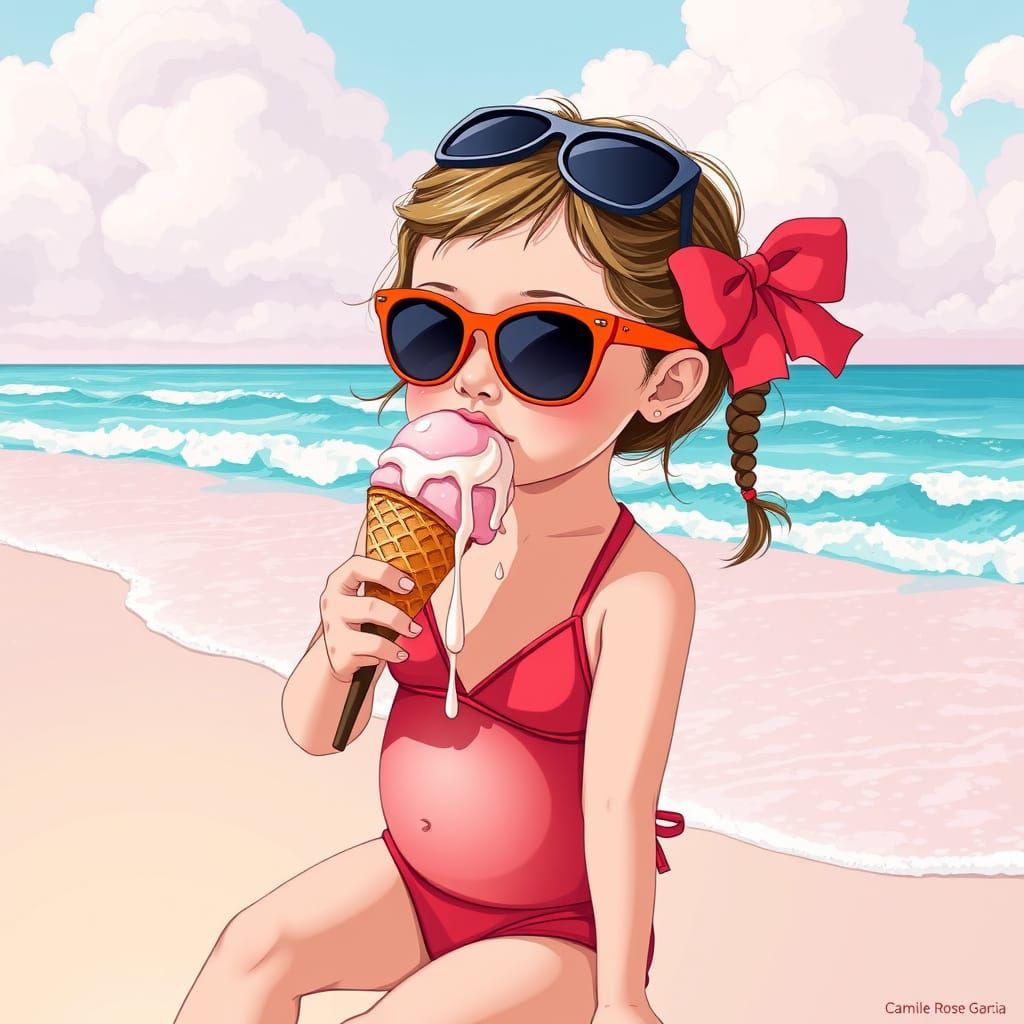 Little Girl with Melting Ice Cream, Surreal Beach Scene