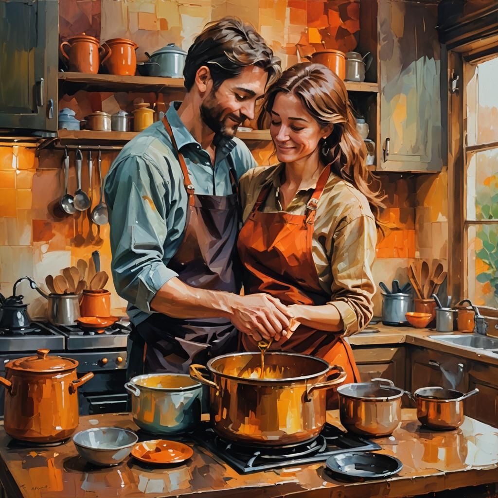 Embracing Couple in Warm Kitchen: Impressionist Oil Painting