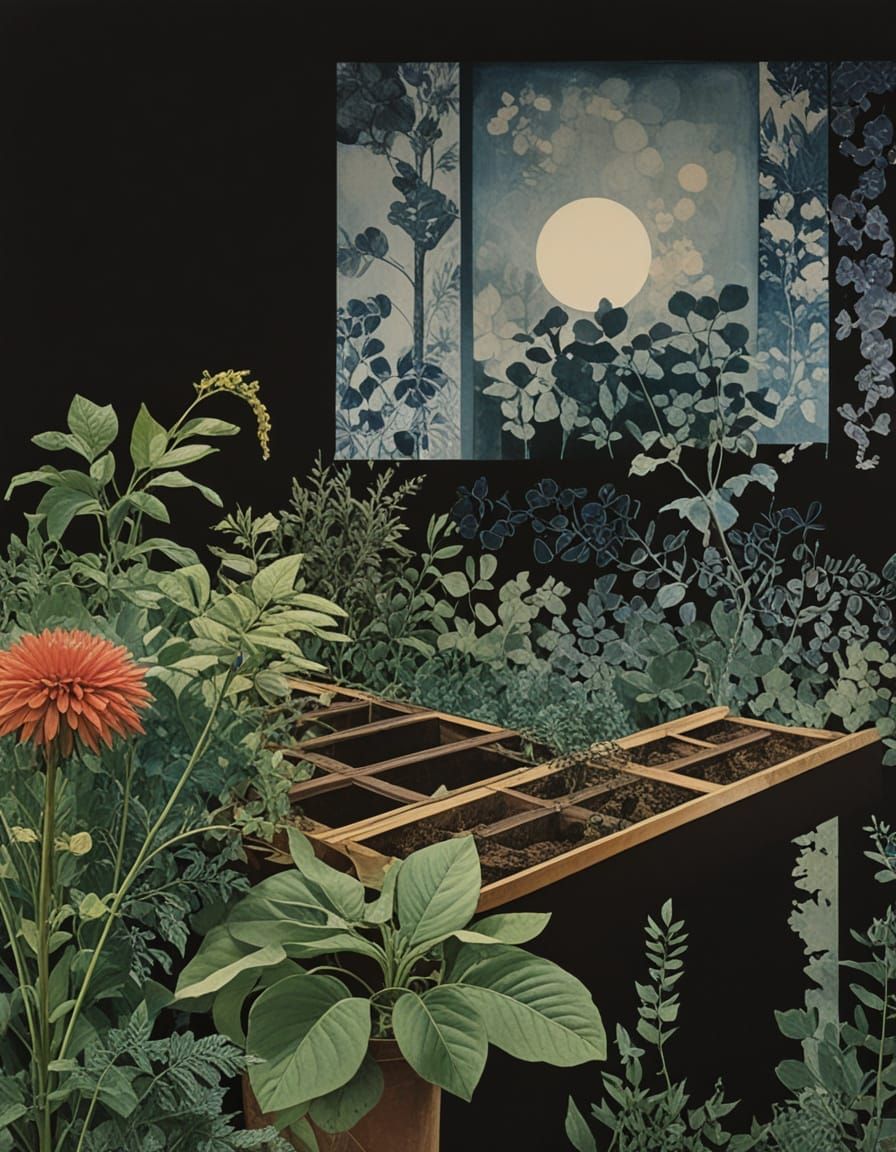 Abstract Collage of Botanical Forms in Mixed Media