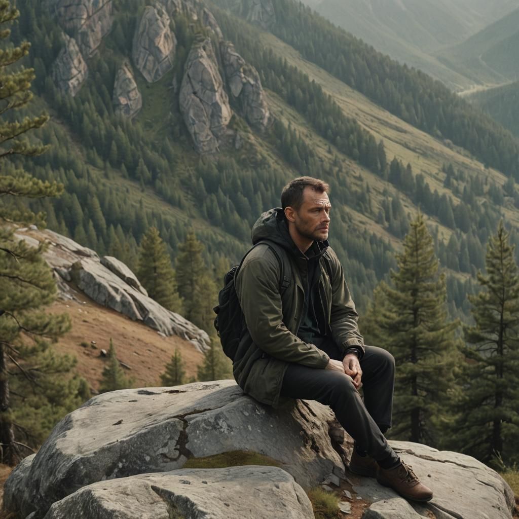 Contemplative Slavic Man in Mountainous Landscape