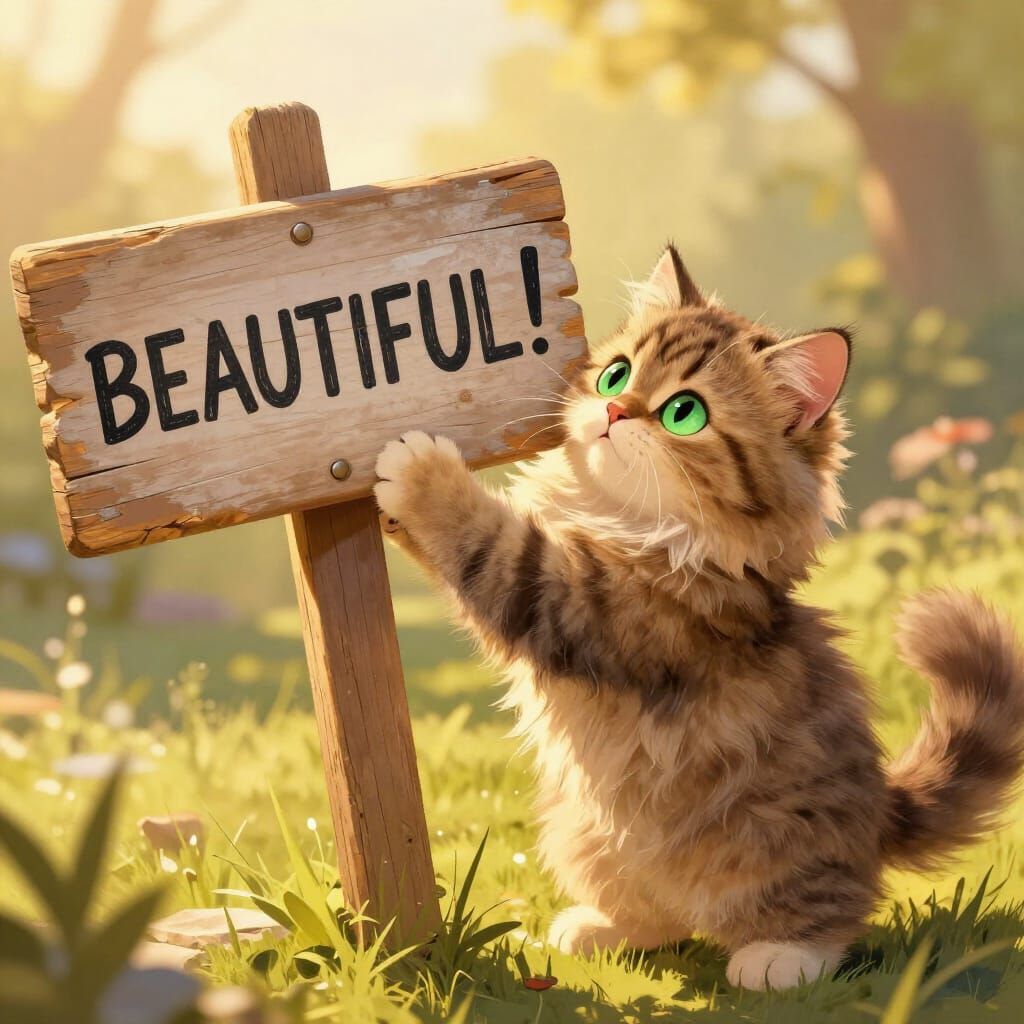 Persian Cat Rubs Against 'BEAUTIFUL!' Yard Sign