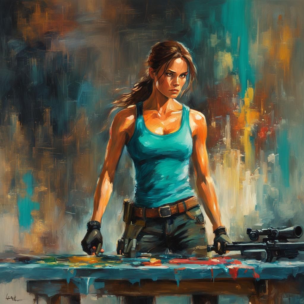Lara Croft with Guns in Impressionist Style