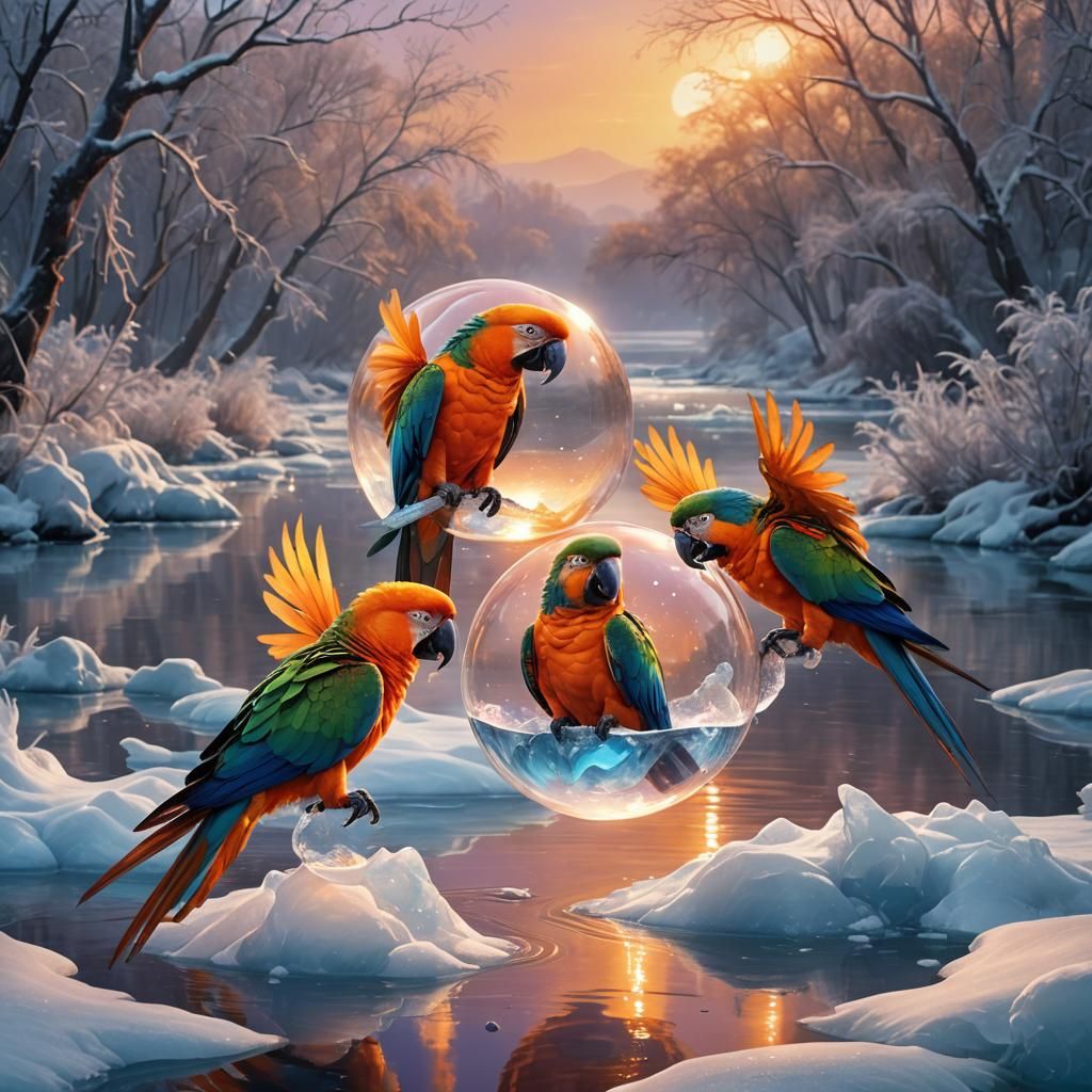 Parrot Couple in Orange Bubble on Icy River