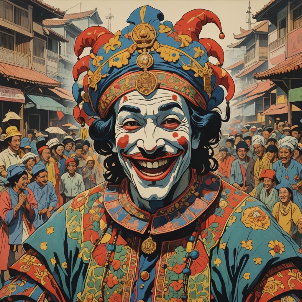 Jovial Jester in Jakarta: Woodblock Style