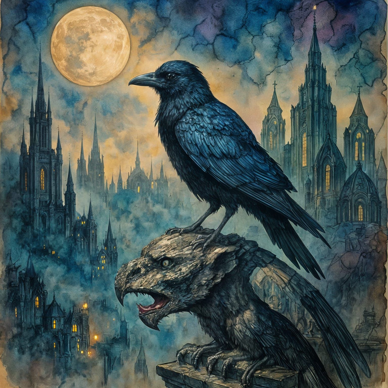 Crow on Gargoyle in Moonlit City, Dark Fantasy Art
