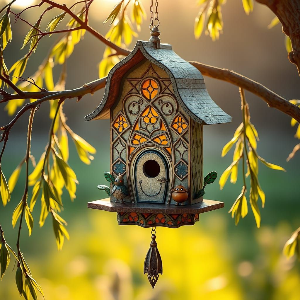 Art Deco Witch Birdhouse in Golden Sunlight