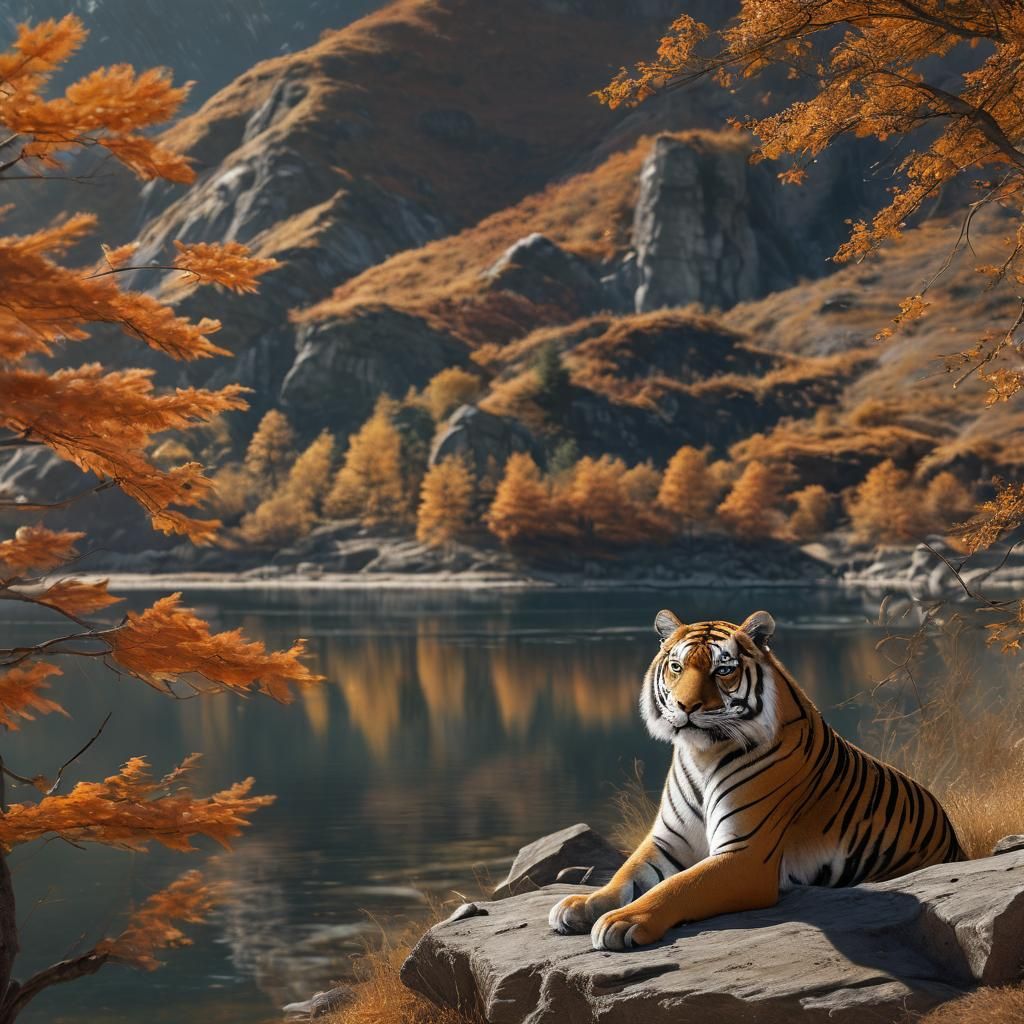 Tiger Gazing at Lake in Autumn Landscape